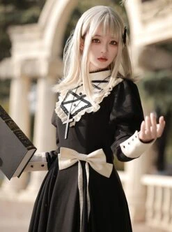 Twilight Mail Series White Ruffled Edge Splicing Black Big Hem Bowknot Classic Lolita Juliet Sleeves Dress -NAUS Lolita Shop 6 500x672 218