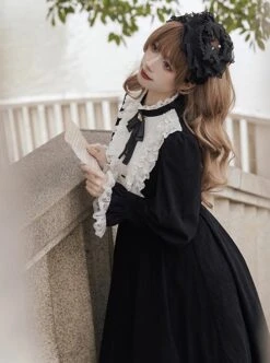 Silent Poem Series Black Nun Autumn Winter White Ruffles Lace Classic Retro Gothic Style Lamb Leg Sleeves Dress -NAUS Lolita Shop 6 500x672 22