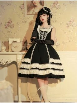 Heartbeat Direction Series JSK Summer Black A-shape Mid-length High Waist Style Flying Sleeves Lace Bow Classic Lolita Sling Dress -NAUS Lolita Shop 6 500x672 220