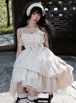 Pure Color Irregular Skirt Three-Dimensional Flower Corsage Waist Chain Elegant Sleeveless Classic Lolita Dress -NAUS Lolita Shop 6 500x672 224