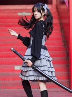 Foggy Moon Series Black Lace Decoration Gray Blue Three-Stage Ruffle Stitching Hem Classic Lolita Sleeveless Dress -NAUS Lolita Shop 6 500x672 225