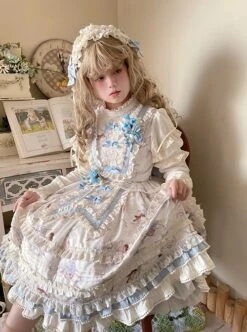 Deer Bell Girls Series Elegant Cute Animal Pattern Printing Lace Bowknot Decoration Ruffle Hem Classic Lolita Short Sleeve Dress OP -NAUS Lolita Shop 6 500x672 226