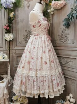 Elegant And Delicate Pink Floral Print Design Jacquard Lace Trim Bow Knot Tie Classic Lolita Slip Dress -NAUS Lolita Shop 6 500x672 238