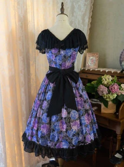 Elegant Floral Print Decoration Jacquard Lace Neckline Bow Pearl Classic Lolita Dress -NAUS Lolita Shop 6 500x672 244