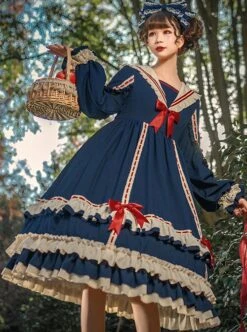 Miss Betty Series Solid Color Daily Spring Autumn Striped V-Neck Red Bow-Knot Decoration Classic Lolita Long-Sleeved Dress -NAUS Lolita Shop 6 500x672 247