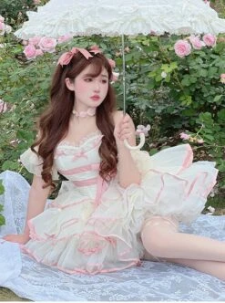 Pink Bowknot Lace Sweet Ballerina Style Slim Fit Daily Sweet Lolita Sleeveless Dress -NAUS Lolita Shop 6 500x672 251
