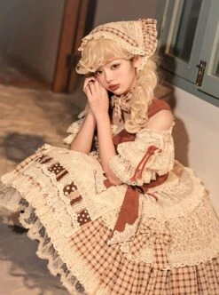 The Little Match Girl Series Dropped Shoulder Lantern Puff Sleeves Floral Polka Dot Lace Plaid Hem Classic Lolita Short-Sleeved Dress