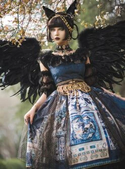 Egyptian Style Gorgeous Elegant Retro Black Cat Print Lace Round Neck Classic Lolita Sleeveless Dress Small Girdle Set -NAUS Lolita Shop 6 500x672 286