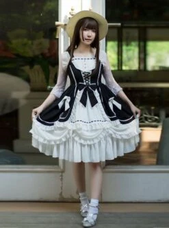 Pure Color Classic Lolita Lace Bowknot Decorate Irregular Ruffle Hem Sleeveless Dress -NAUS Lolita Shop 6 500x672 290
