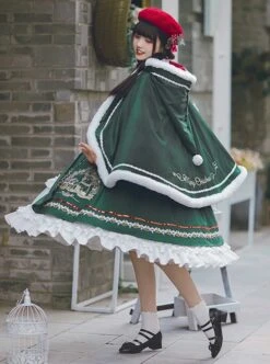 Stand Collar False Two Piece Design Lantern Sleeve Embroidered Lace Hem Dress Plush Hooded Cloak Christmas Classic Lolita Long Sleeve Dress Set -NAUS Lolita Shop 6 500x672 291