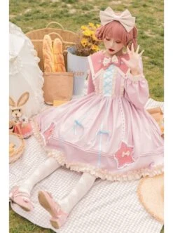 Red Pentagram Design Cute Big Lapel Neckline Bow Decoration Pleated Ruffle Trim Classic Lolita Long Sleeve Dress -NAUS Lolita Shop 6 500x672 292