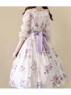 Simple White Floral Pattern Pearl Belt Open Back Large Bow Sleeveless Sling Classic Lolita Dress -NAUS Lolita Shop 6 500x672 294
