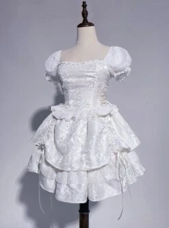 Butterfly Bone Series Pure White Dark Pattern Jacquard Texture Ruffles Embroidered Butterfly Lace Classic Lolita Puff Sleeves Dress OP -NAUS Lolita Shop 6 500x672 295