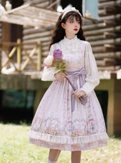 Flowers Wall Series JSK Printing Light Purple Chiffon Elegant Classic Lolita Sling Dress -NAUS Lolita Shop 6 500x672 303