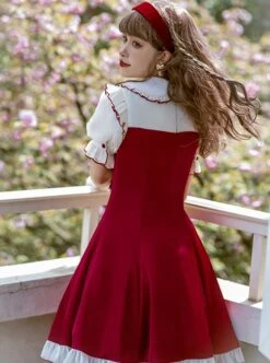 Doll Collar Chest Red Big Bow Puff Sleeves Ruffled Hem Design Classic Lolita Short Sleeve Dress -NAUS Lolita Shop 6 500x672 310