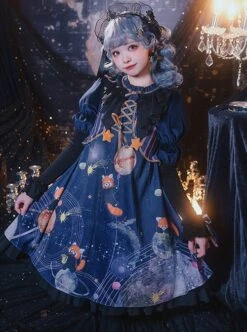 Interstellar Little Bear Series Red Panda Print Stripe Lace-Up Little Star Bowknot Decoration Classic Lolita Long-Sleeved Dress -NAUS Lolita Shop 6 500x672 315