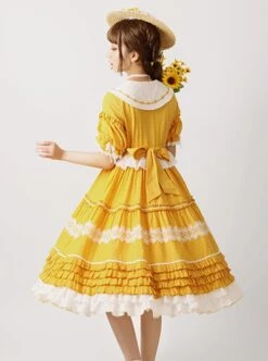Sunflower Lapel Youthful Sunny Pastoral Style Fresh Cute Bowknot Lace Ruffles Classic Lolita Short Sleeves Dress -NAUS Lolita Shop 6 500x672 322