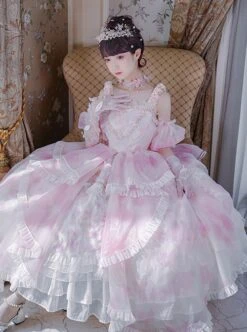 Gorgeous Retro Tea Party Simulation Flower Suspenders Pink Irregular Printing Irregular Hem Design Classic Lolita Sleeveless Dress -NAUS Lolita Shop 6 500x672 324