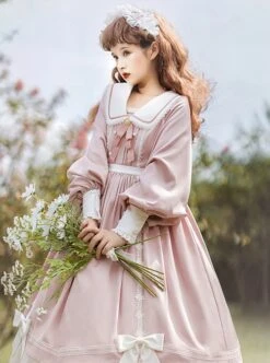 Solid Color Elegant Autumn Gentle Lantern Sleeve Rose Lace Rabbit Ears Classic Lolita Long Sleeve Dress -NAUS Lolita Shop 6 500x672 327