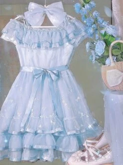 Daughter Of The Sea Series Light Blue Sling One-Shoulder Dreamy Fine Glitter Butterfly Embroidery Classic Lolita Sleeveless Dress -NAUS Lolita Shop 6 500x672 337