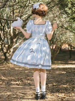 Square Neck Striped Bow Puff Sleeves Check Print Heart Embellished Bib Classic Lolita Short Sleeve Dress -NAUS Lolita Shop 6 500x672 358