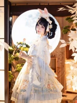 Laurel Prayer Series Chinese Style Cute Rabbit Print Lace Ruffle Skirt Bowknot Decoration Ribbon Sweet Lolita Sleeveless Dress Set -NAUS Lolita Shop 6 500x672 365