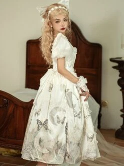 Butterfly Mankong Series Elegant Generous Collar The Clock Butterfly Print Polka Dot Mesh Open Placket Classic Lolita Short-Sleeved Dress -NAUS Lolita Shop 6 500x672 374