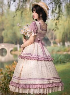Pastoral Style Square Neck Floral Bow-Knot Decoration Detachable Sleeves Classic Lolita Long Short Sleeve Dress -NAUS Lolita Shop 6 500x672 377