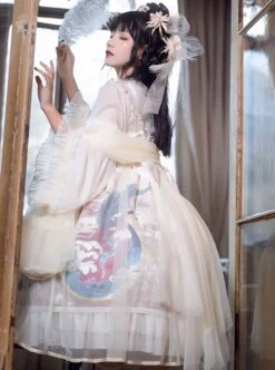 Chinoiserie Vintage Gorgeous Print Bow Lace Fringe Fake Collar Detachable Design Classic Lolita Sleeveless Dress -NAUS Lolita Shop 6 500x672 382