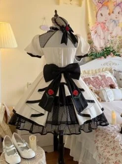 Meet Rose Series Lace Ribbon Bowknot Noble Elegant Satin Stylish Rose Embroidery Classic LolitaPuff Sleeve Dress -NAUS Lolita Shop 6 500x672 383