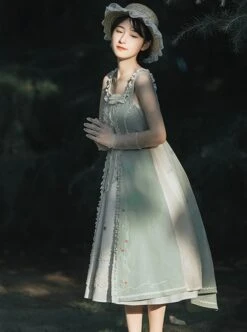 Vintage Gentle Rustic Style Square Neck Lace Decoration Flower Vines Embroidered Front Short Back Long Hem Classic Lolita Sleeveless Dress Set