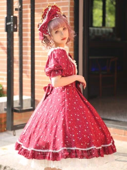 Classic Lolita Retro Solid Color Star Shape Embellishment Design Pleated Neckline Bow Knot Decoration Short Sleeve Dress -NAUS Lolita Shop 6 500x672 395