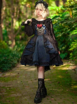 Singer Series Solid Color Pleated Lace Dark Jacquard Trim Neckline Classic Lolita Slip Dress -NAUS Lolita Shop 6 500x672 403
