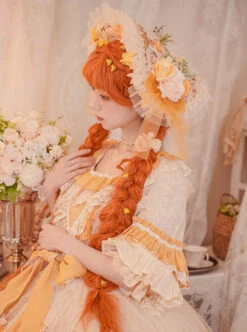 Flower Garden Series OP Apricot Yellow Pastoral Retro Girl Style Delicate Lace Jacquard Trim Classic Lolita Short Sleeve Dress -NAUS Lolita Shop 6 500x672 415