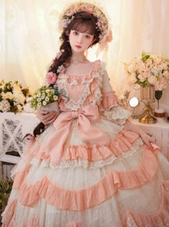 Flower Garden Series OP Pink Pastoral Retro Girl Style Delicate Lace Jacquard Trim Bow Knot Classic Lolita Short Sleeve Dress -NAUS Lolita Shop 6 500x672 416