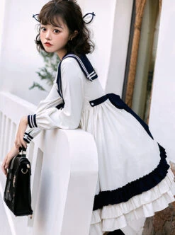 Heart Route Series OP White Sailor Suit V-Neck Design Bow Knots Decoration Long Sleeve Classic Lolita Dress -NAUS Lolita Shop 6 500x672 42