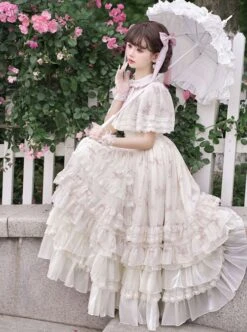 Elegant Gorgeous Lace Collar Purple Bellflower Print Chiffon Ruffle Hem Classic Lolita Short Sleeve Dress Set -NAUS Lolita Shop 6 500x672 433