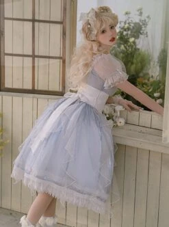 Mermaid Tears Series Summer Fantasy Light Blue Fluffy Tulle White Girdle Bowknot Lace Pearl Chain Classic Lolita Sleeveless Long Dress -NAUS Lolita Shop 6 500x672 438