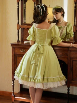 Classic Lolita Solid Color Vertical Pattern Design Pleated Ruffle Neckline Bow Knot Decoration Short Sleeve Dress -NAUS Lolita Shop 6 500x672 444