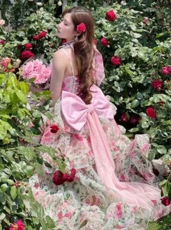 Rose Floral Print Stereoscopic Rose Bowknot Decoration Oversized Bowknot Trailing Design Backless Classic Lolita Sleeveless Dress -NAUS Lolita Shop 6 500x672 446