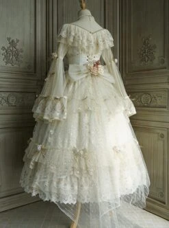 Morning Ode Series Gorgeous Flower Wedding Sequin Beads Pearl Crown Girdle Bowknot Yarn Tail Lace Classic Lolita Dress Set -NAUS Lolita Shop 6 500x672 452