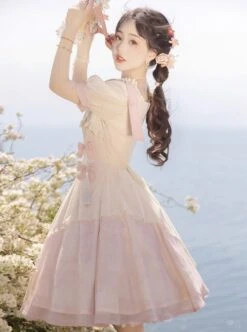 Chinese Style Pink Elegant Square Neck Embroidered Slim Fit Han Element Irregular Hem Classic Lolita Short Sleeve Dress -NAUS Lolita Shop 6 500x672 458