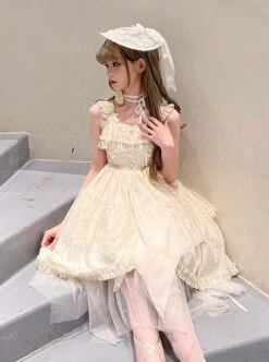 Moon God Dawn Series Irregular Mesh Hem Dark Jacquard Ruffle Slim Fit Rose Classic Lolita Sleeveless Dress -NAUS Lolita Shop 6 500x672 463