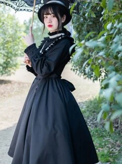Olivia Series Black Small Stand Collar Ruffles White Round Splice V Shape Line Elegant Large Hem Gothic Lolita Lantern Long Sleeve Dress -NAUS Lolita Shop 6 500x672 479