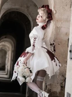 Romeo Series Lacing Stand Collar Chest Hollow Irregular Hem Bloody Gothic Lolita Mid-Sleeved Dress -NAUS Lolita Shop 6 500x672 490