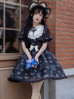 Lace Stitching Round Neck Butterfly Embroidery Cute Puff Sleeve Butterfly Print Daily Simple Gothic Lolita Short Sleeve Dress -NAUS Lolita Shop 6 500x672 511
