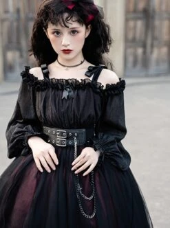 Girl Killer Series Dark Sweet Cool Irregular Halloween Crape Ruffle Bowknots Belt Chain Gothic Lolita Long Sleeves Dress -NAUS Lolita Shop 6 500x672 514