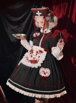 Scarlet Cross Series OP Conventional Style Halloween Nurse Blood Printing Gothic Lolita Long Sleeve Dress -NAUS Lolita Shop 6 500x672 526