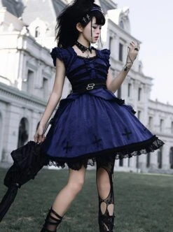Cycle Series Klein Blue Velvet Halloween Cross Lace Gothic Lolita Short Sleeve Dress -NAUS Lolita Shop 6 500x672 528