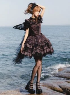 Silent Melody Series Ballet Style Pure Color Backless Elegant Lace Stitching Gothic Lolita Short Sleeve Dress -NAUS Lolita Shop 6 500x672 534
